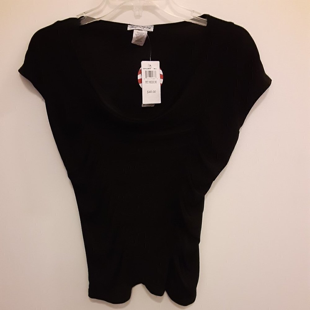 Sweet Clarity Sleeveless Black Top w/Gathered Sides and Draped Neckline.